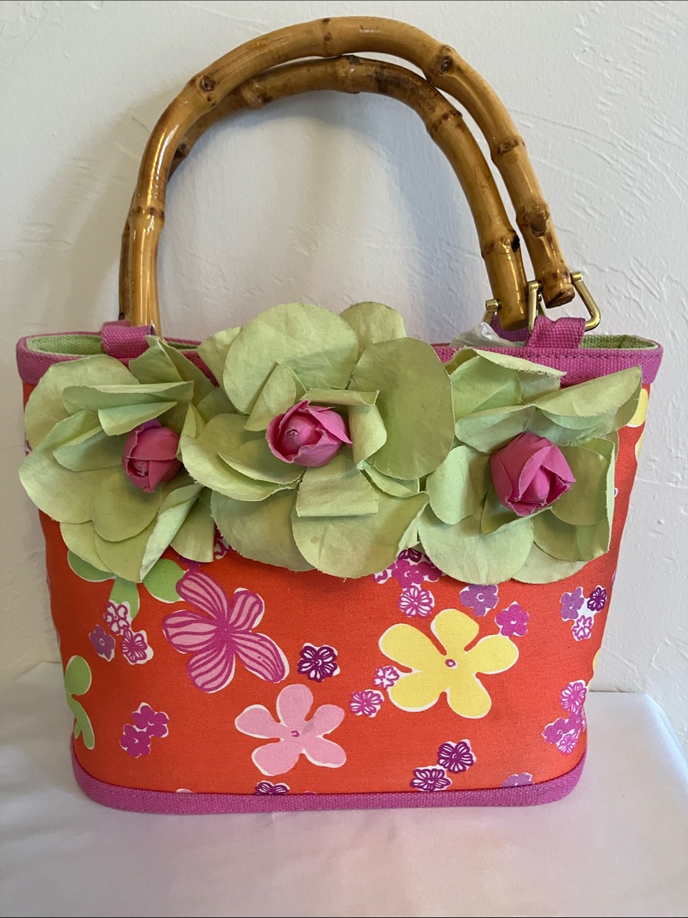 Lilly Pulitzer Vintage Floral Orange Flower Bamboo Handles Purse
